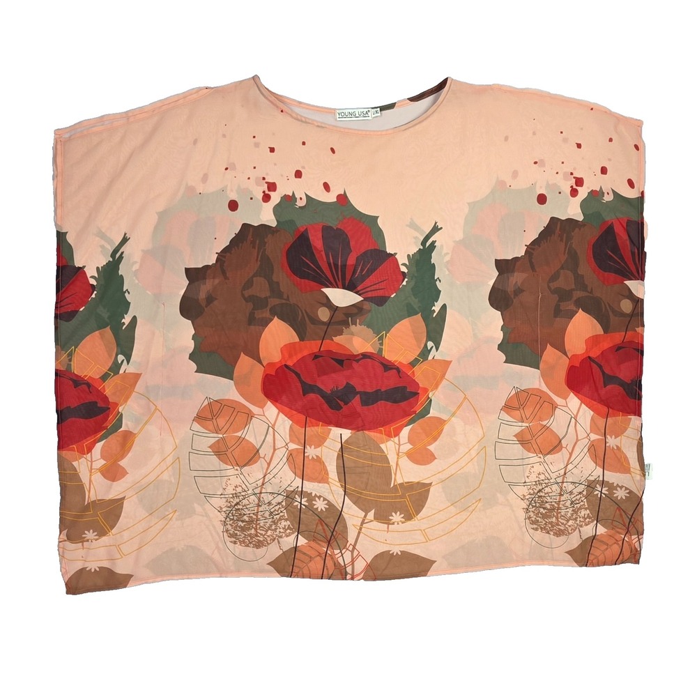 Young USA Floral Poppy Print Oversized Boxy Kaftan Top Peach L/XL